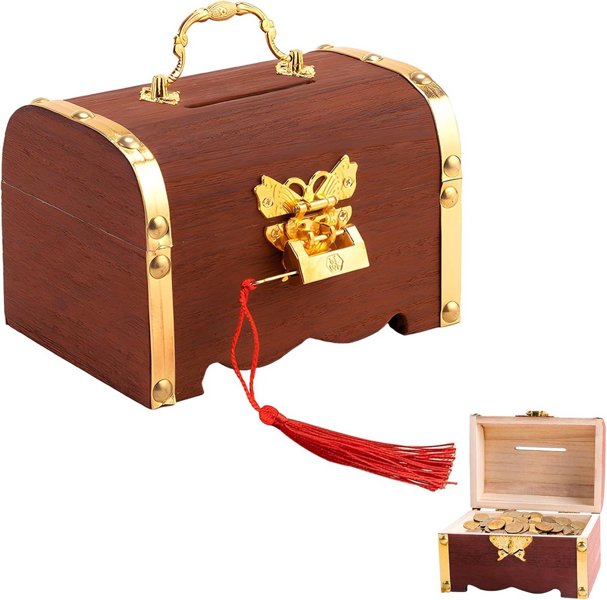 Houten Schatkist met Slot - Vintage Opbergdoos & Spaarpot voor Kinderen