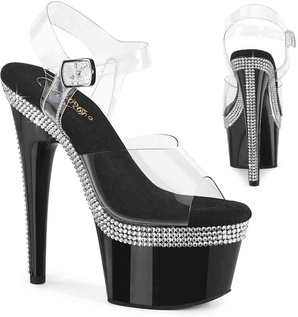 Pleaser - ADORE708MLS Sandaal met enkelband - US 8 - 38 Shoes - Zwart/Transparant