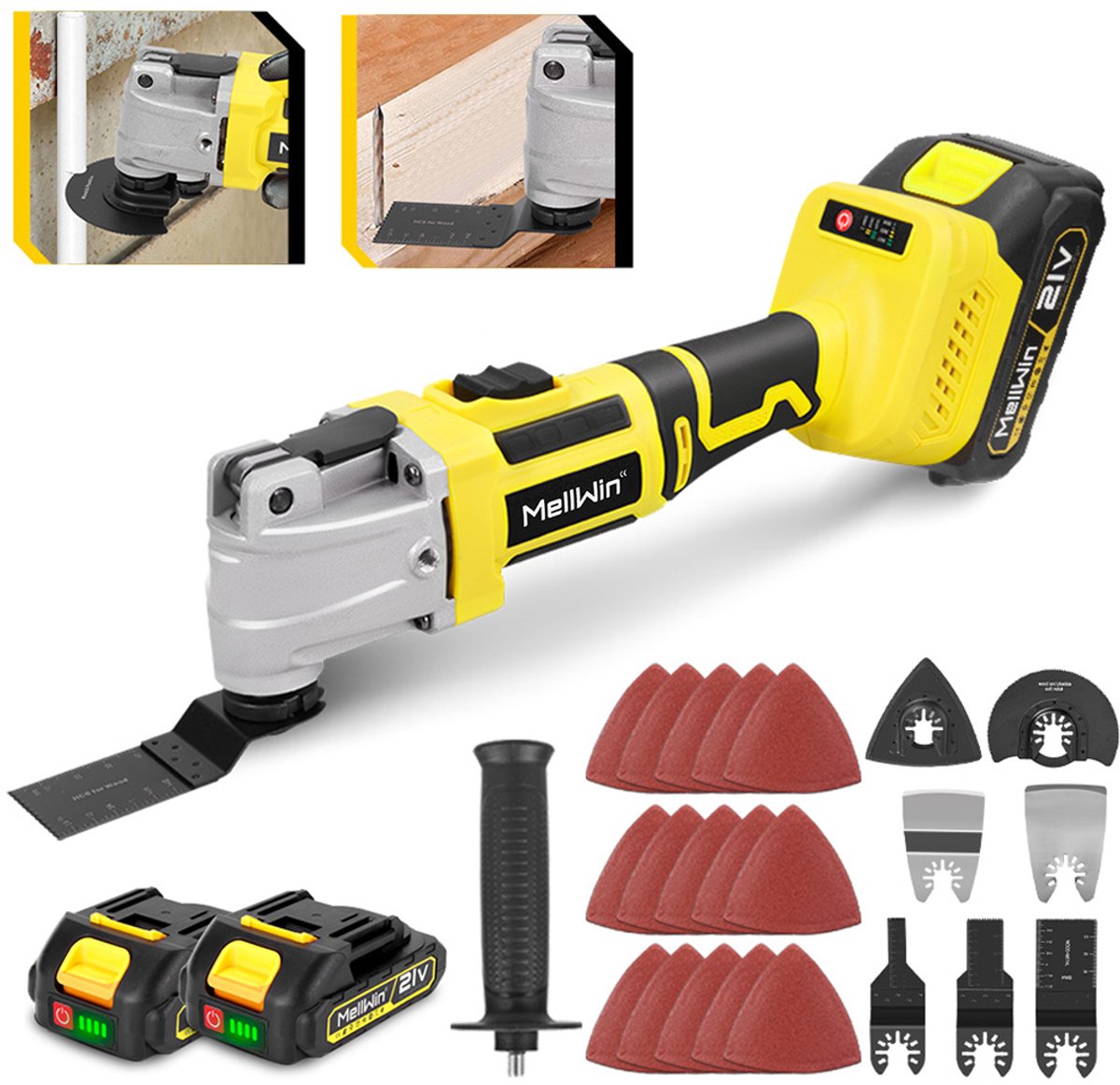 MellWin Accu Multitool - Borstelloze - met 2x Accu's & 22x Accessoires - Multifunctioneel gereedschap - 6+3 snelheden - 6000–25000 tpm - voor verwijderen, schrapen en zagen