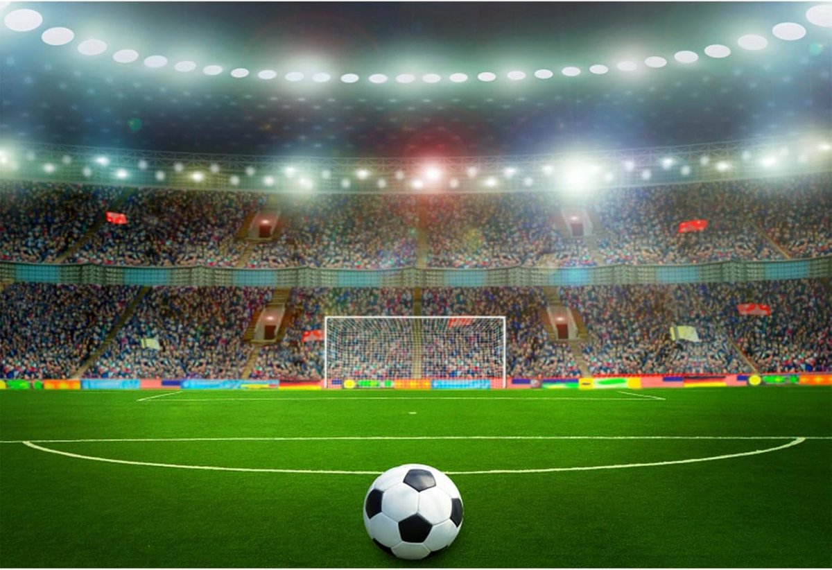 Fotografie Achtergrond Voetbalveld met Stadionverlichting Groen Gras