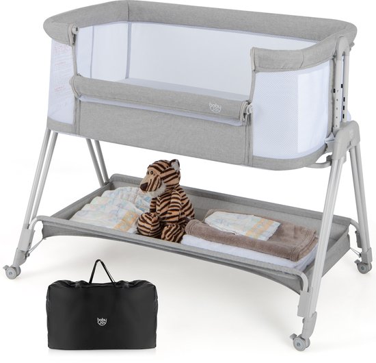 COSTWAY 2-in-1 bijzetbed & wieg inklapbaar, draagbaar babybed met 7 verstelbare hoogtes, matras, draagtas en riemen, verstelbaar reisbed voor pasgeborenen tot 6 maanden (grijs)