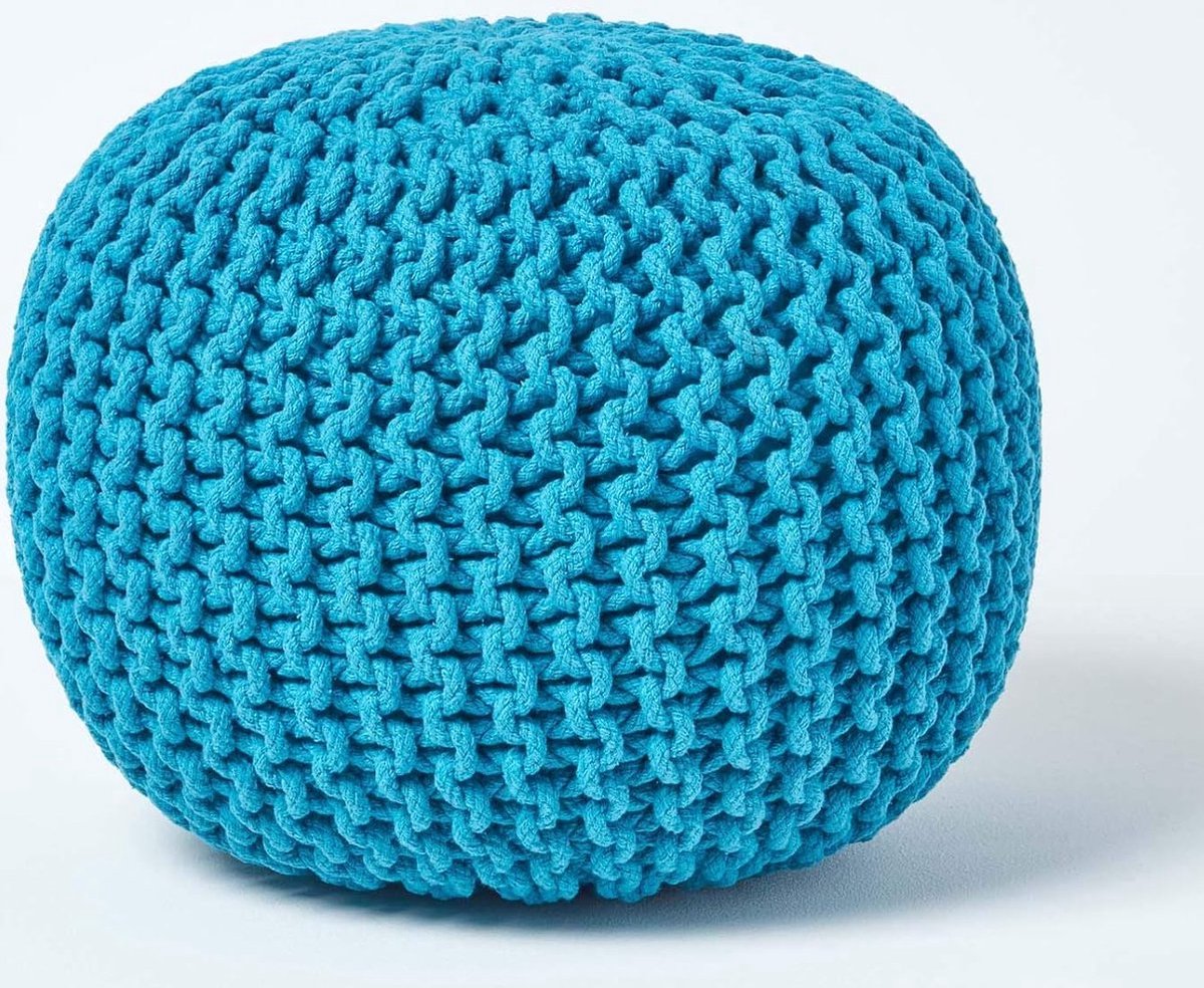 Stunq® Poef gebreide poef rond vloerkussen, zitpoef, 35 x 40 cm, gewatteerde poef, poef met grof gebreide overtrek van 100% katoen, gebreide poef, turquoise/blauwgroen