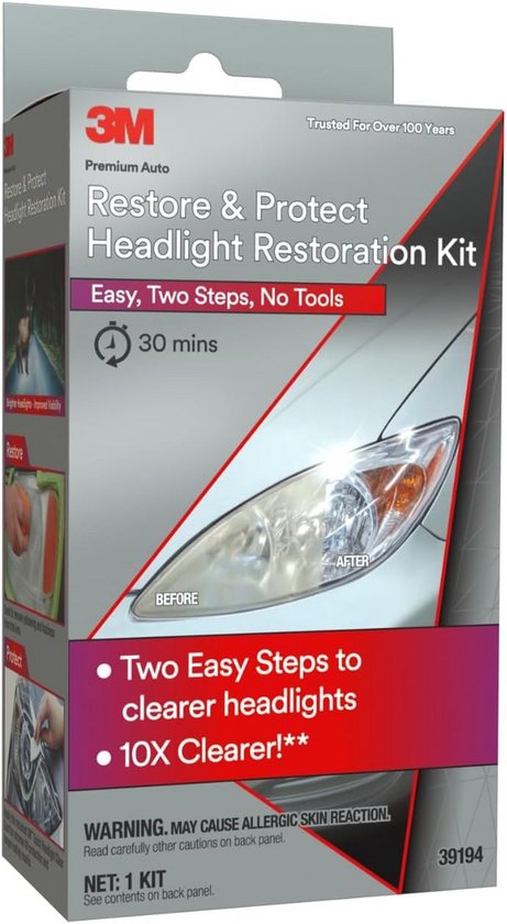 3M Restore & Protect Headlight Restoration Kit met "Easy, Two Steps, No Tools" en "30 mins".