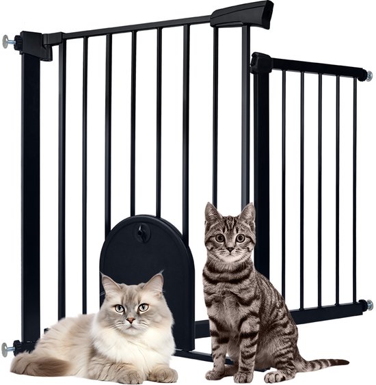 Barrière d'escalier, barrière de sécurité pour porte pour enfants, sans perçage, pour portes de 105 à 115 cm de large, résistante à la pression, fermeture automatique, barrière en métal, barrière pour chien avec chatière (Zwart)