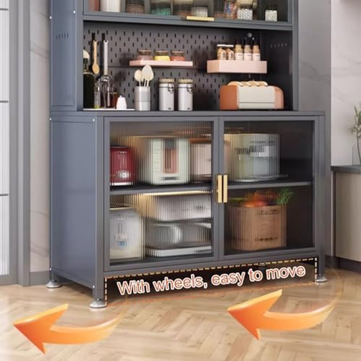 Aurora Keukenkast met 5 Niveaus en Acryldeuren – Witte Opbergkast met Verstelbare Planken en Draaideur – Multifunctionele Kast voor Keuken, Eetkamer of Woonruimte – 100 cm – Novihome