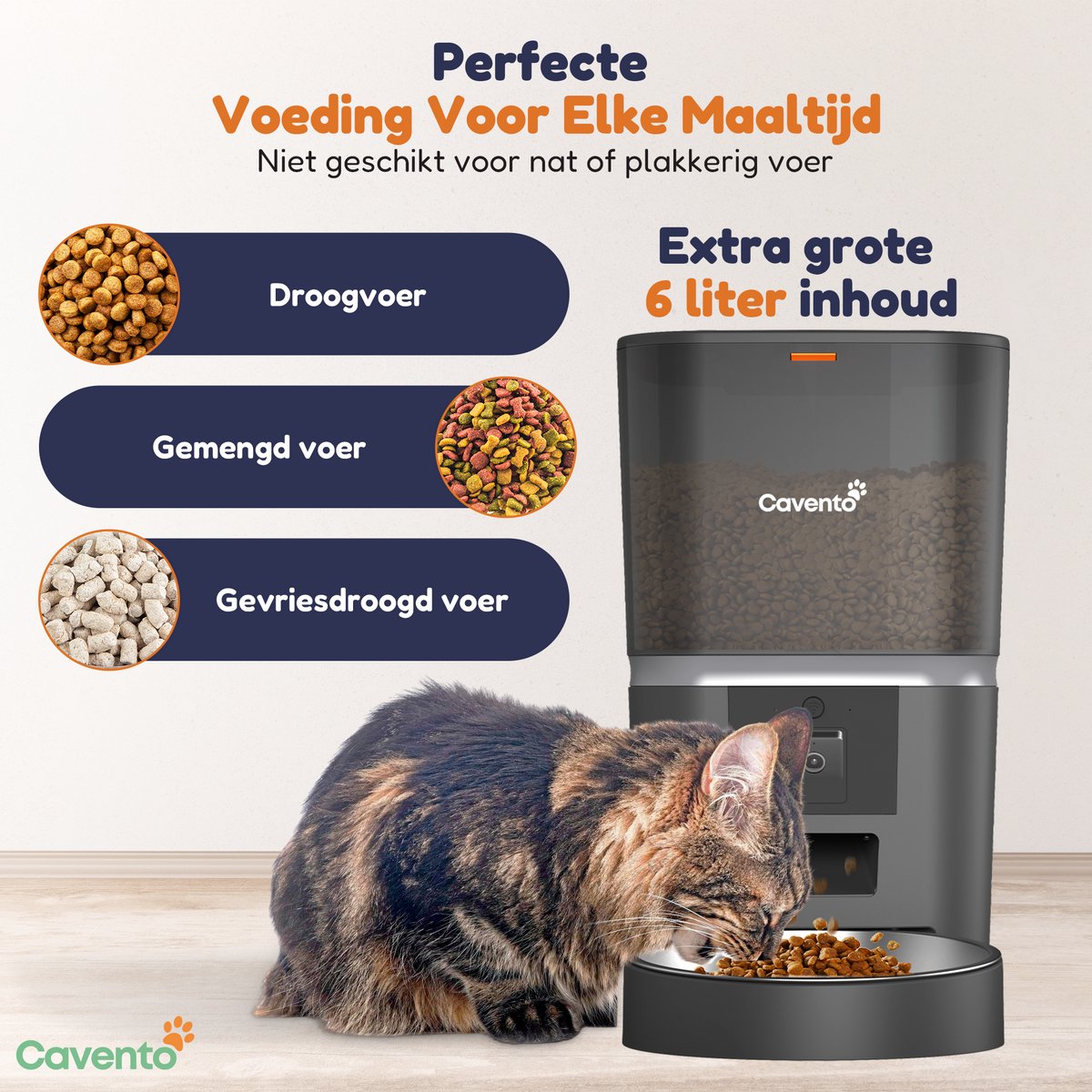 Cavento ® Automatische Voerbak 6L Zwart – Slimme Voerautomaat voor Katten & Honden – WiFi Tuya App, 1080p Camera met Nachtzicht & Spraakfunctie – Voor Droogvoer, RVS Voerbak, Netstroom + Batterij - Cavento - €69,95