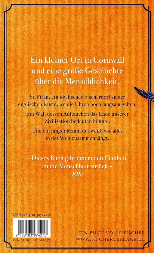 Achterkant van het boek 'Der Wal und das Ende der Welt' met tekst en een afbeelding van een walvis.