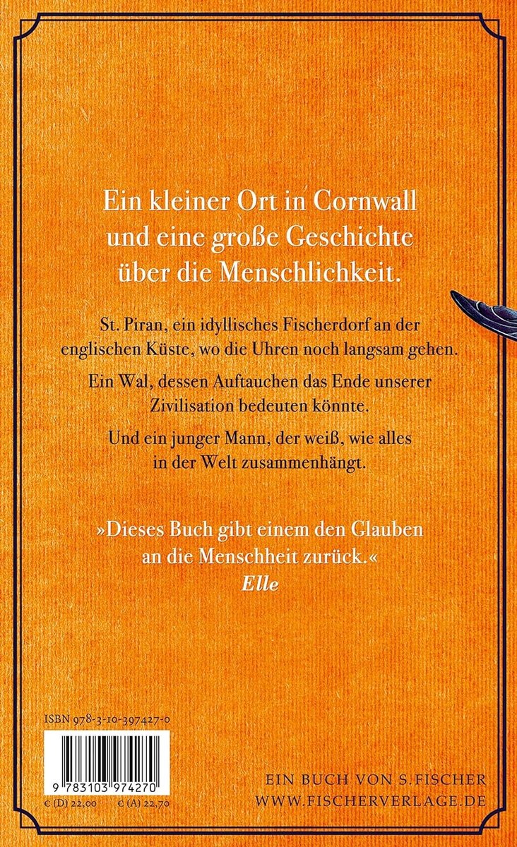 Achterkant van het boek 'Der Wal und das Ende der Welt' met tekst en een afbeelding van een walvis.