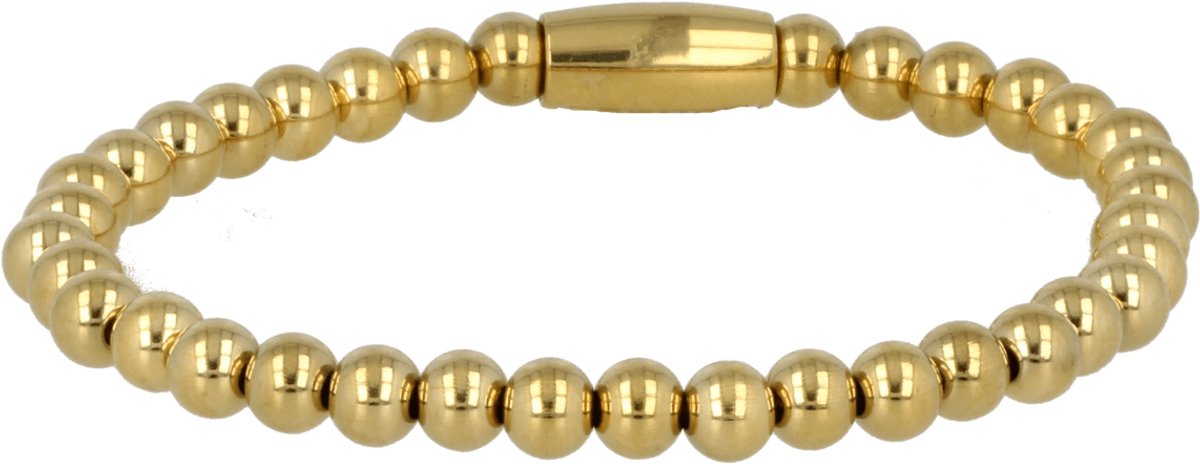 My Bendel - Elastische Armband met 5mm Edelstalen Balletjes - Goudkleurige Armband met 5mm Stainless Steel Kralen - met Luxe Cadeauverpakking | Sieraden Voor Dames | Maat M