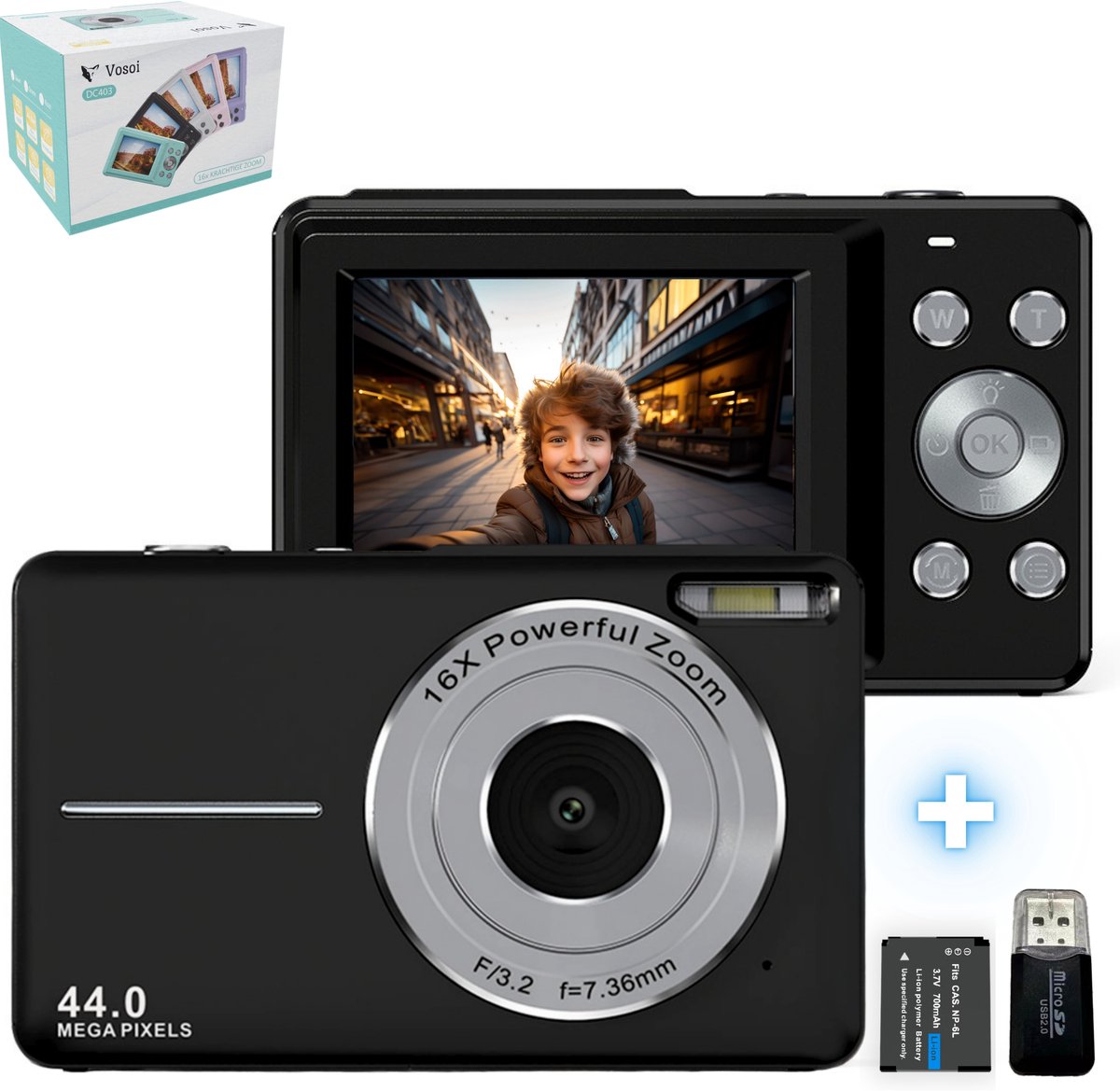Vosoi Digitale Camera - Fotocamera - Fototoestel - Vlog Camera - Compact Camera - 44MP & 1080HP - Voor Kinderen - 24 inch LCD Scherm - Inc. 32GB