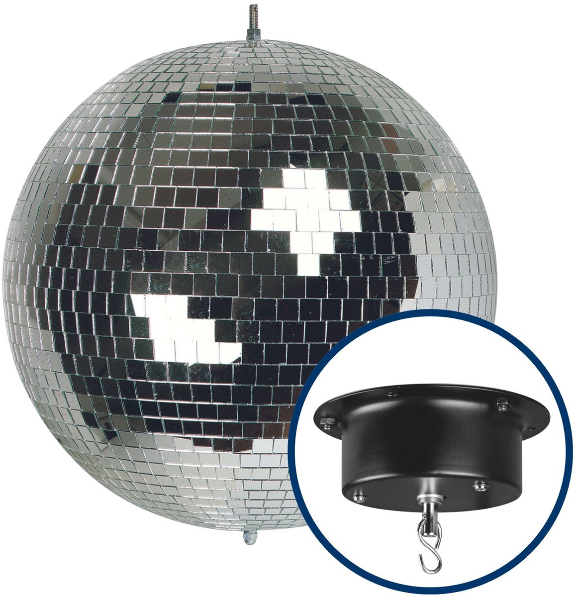 HQ-Power Set met discobal Ø 30 cm + 4W motor, roterende spiegelbol van reflecterend facetglas, 1.8-2.5 tpm, 5 kg draagvermogen, veilig ophangsysteem voor plafondmontage – Ideaal voor grote dansvloeren, evenementen, clubs, en commerciële verlichting