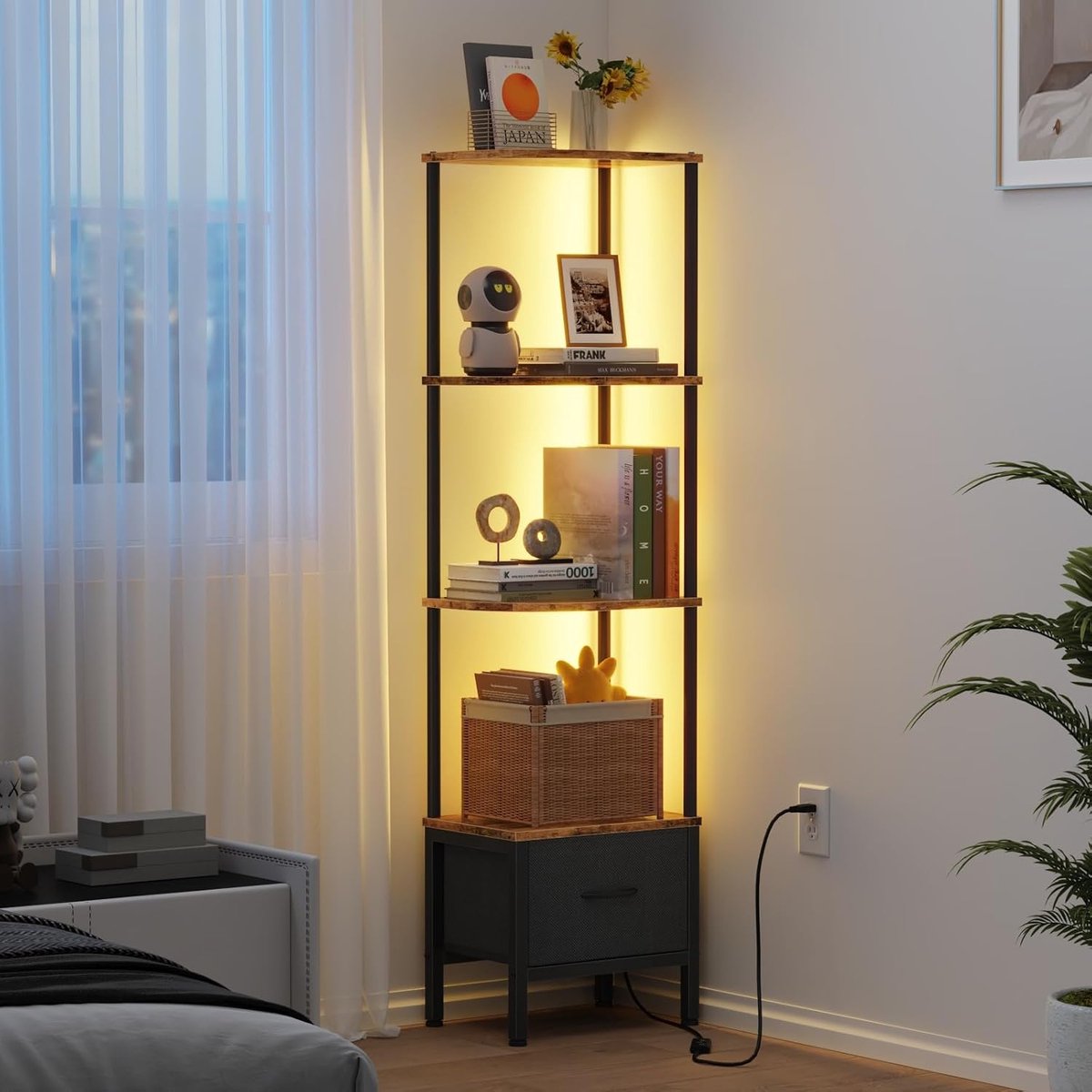 Retro Hoekboekenkast met Lade en LED Verlichting – 4-Laags Smalle Boekenkast 37x27x147 cm – Industriële Houten Wandplank met Stoffen Lade – Boekenkast voor Woonkamer, Slaapkamer of Kantoor – Bruin Vintage