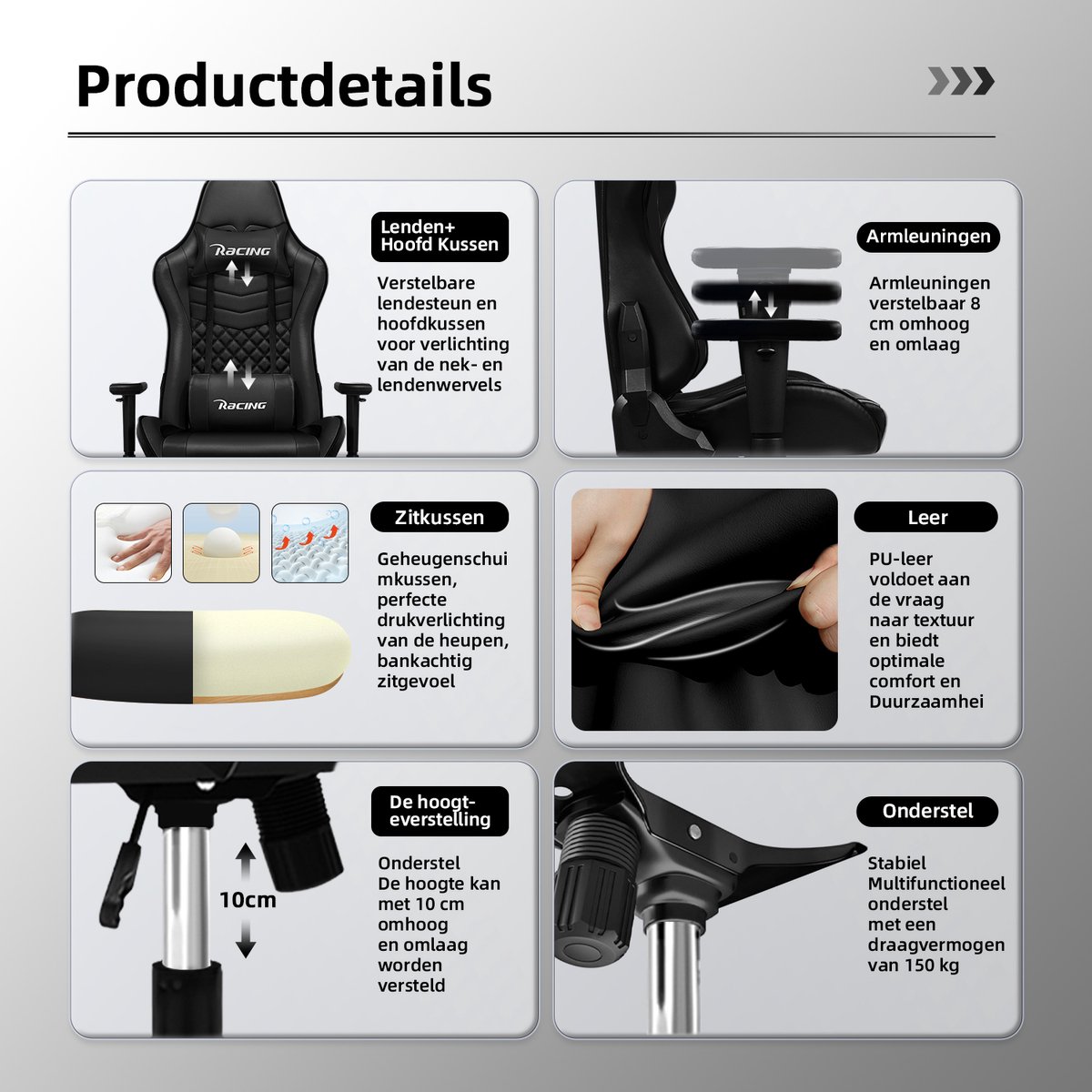 Hiaonyx Gamestoel Ergonomisch Zwart 170° Verstelbaar - afbeelding 3