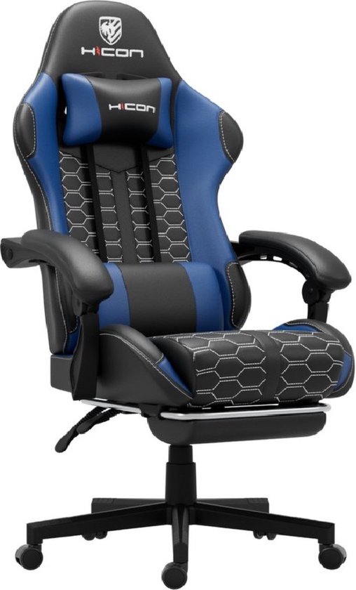 Zijaanzicht van een blauwe en zwarte HICON gamerstoel met hexagon patroon, witte stiksels, nek- en lendekussens en een uittrekbare voetsteun.