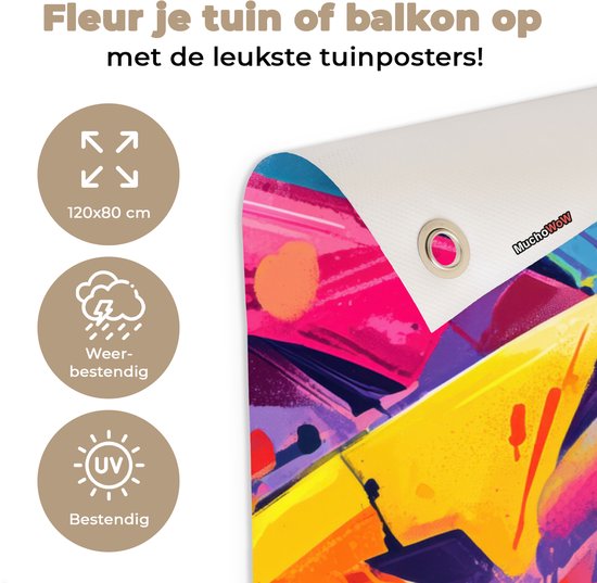 Een deel van een weerbestendige tuinposter met de tekst "Fleur je tuin of balkon op met de leukste tuinposters!" en metingen van 120x80 cm.