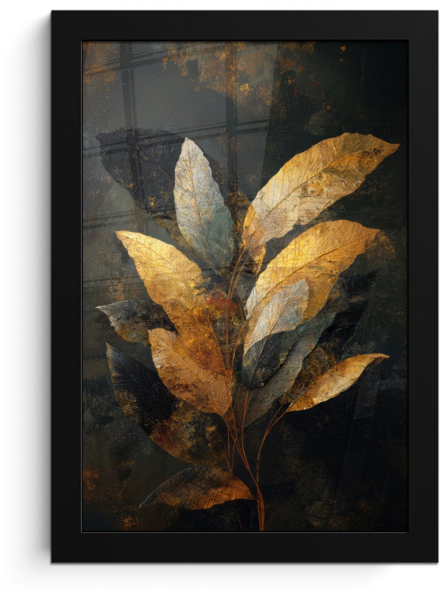 FrameYourWall Poster in lijst - Fotolijst 20x30 cm - Posters - Gouden Bladcompositie – Botanische Luxe - Posterlijst zwart - Decoratie - Wanddecoratie woonkamer - Muurdecoratie slaapkamer Bladeren - Goud - Luxe