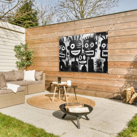 Tuinposter 120x80 cm - Tuindecoratie Schilderij - Figuren - Zwart - Abstract - Poster voor in de tuin - Buiten decoratie - Schutting tuinschilderij - Tuindoek muurdecoratie - Wanddecoratie balkondoek