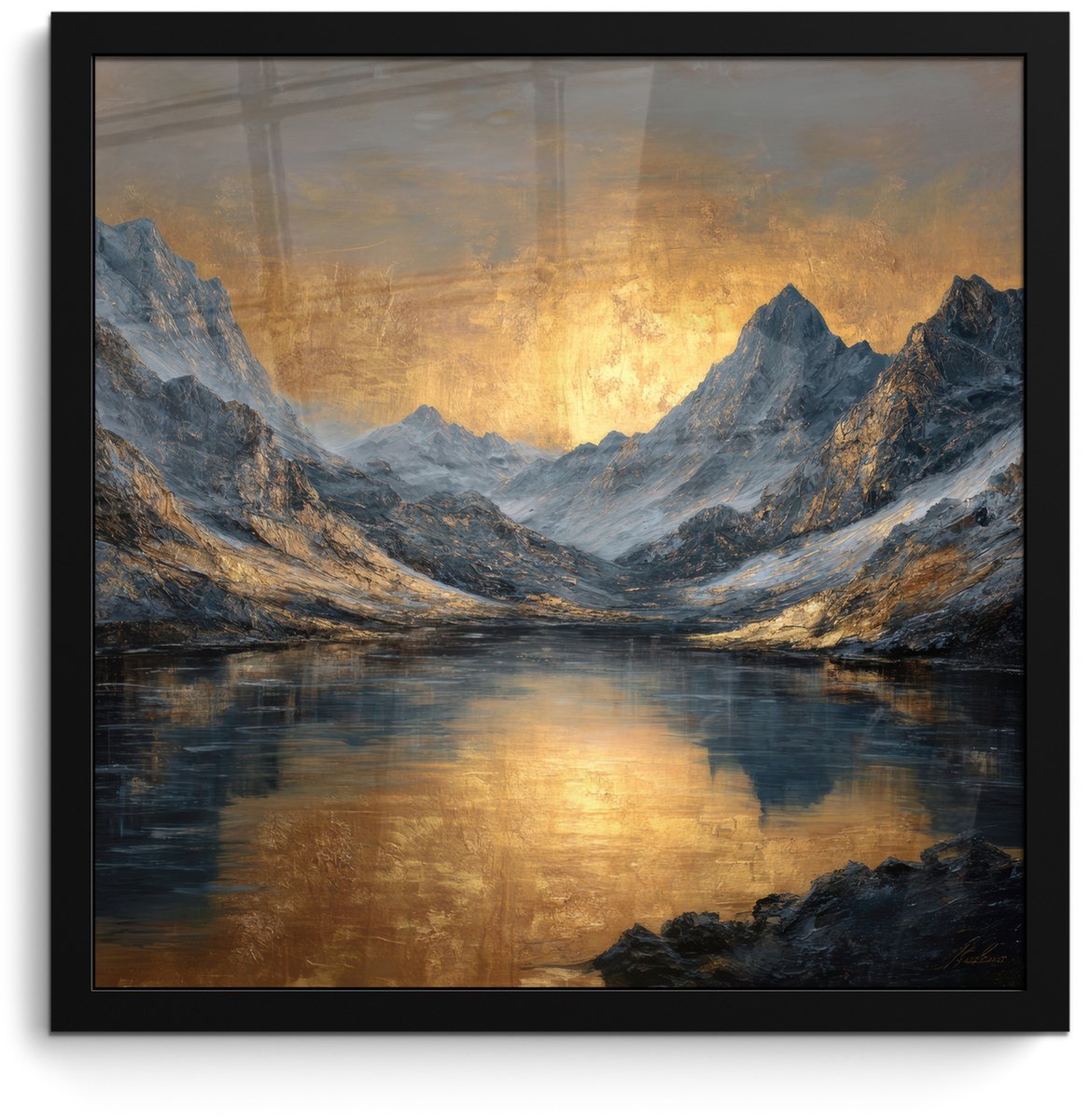 FrameYourWall Poster in lijst - Fotolijst 40x40 cm - Posters - Berglandschap met Gouden Zonsondergang - Posterlijst zwart - Decoratie - Wanddecoratie woonkamer - Muurdecoratie slaapkamer Bergen - Zonsondergang - Meer