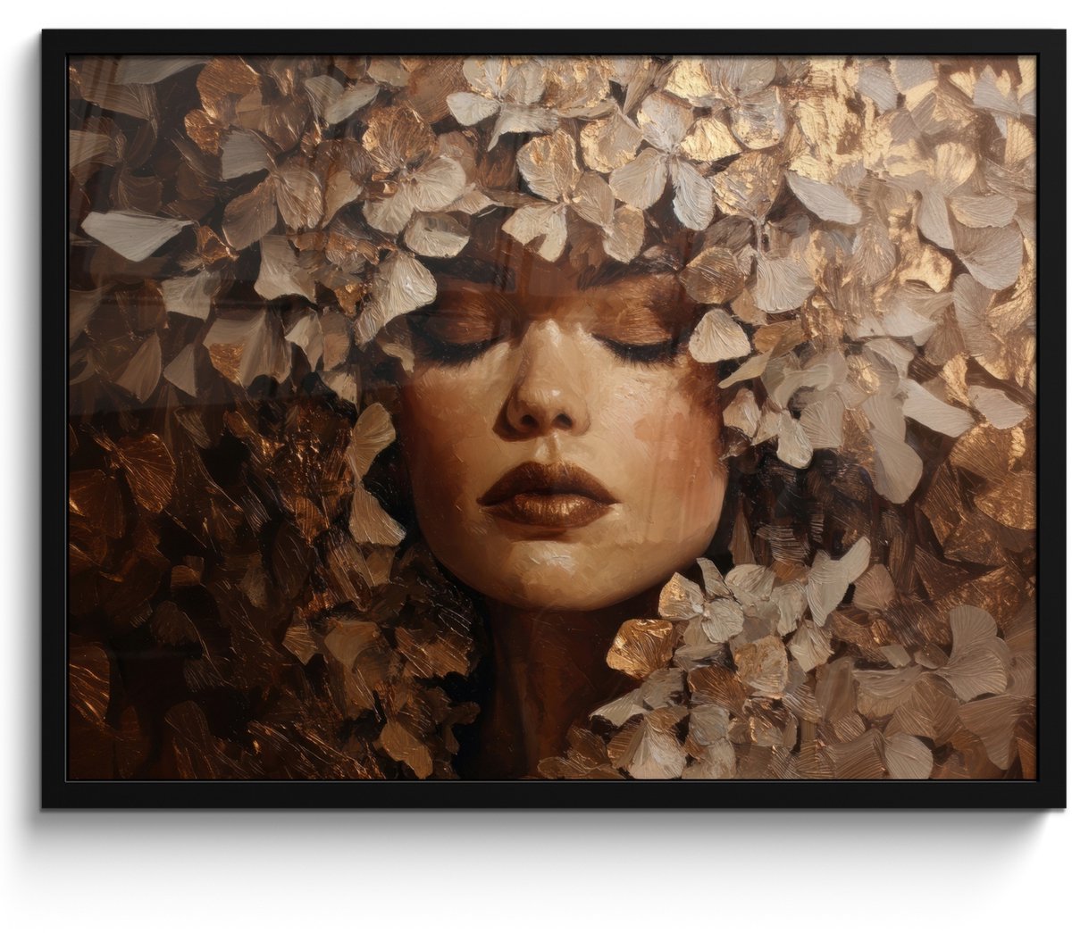 FrameYourWall Poster in lijst - Fotolijst 80x60 cm - Posters - Gezicht - Vrouwe - Bladeren - Penseelstreken - Posterlijst zwart - Decoratie - Wanddecoratie woonkamer - Muurdecoratie slaapkamer Gezicht - Vrouw - Bladeren