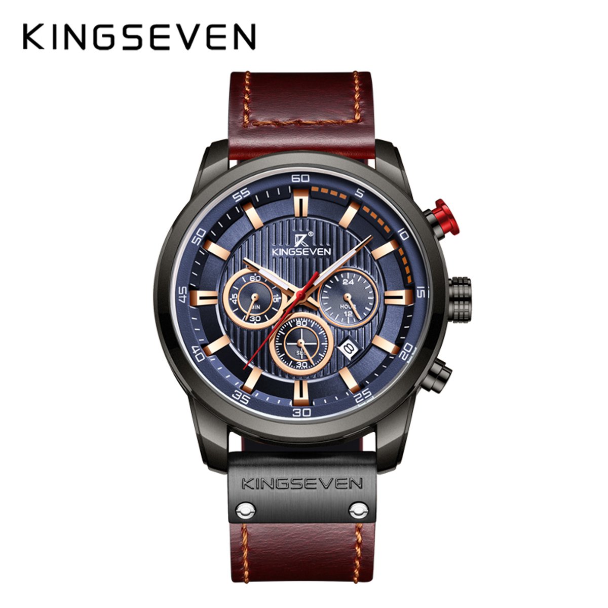 KINGSEVEN Herenhorloge 9507 - Blauw-Bruin - Quartz - Leren Band - Roestvrij Staal - Datum Aanduiding - Sportief Luxe Design - 45mm
