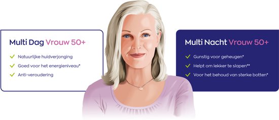Illustratie van een vrouw met links 'Multi Dag Vrouw 50+' en rechts 'Multi Nacht Vrouw 50+'.
