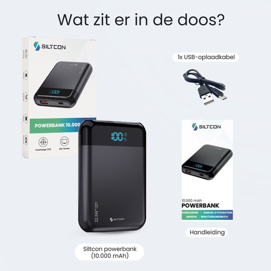 Siltcon® Ultra Compacte Powerbank 10000 mAh - 22.5W Charge Rapide – USB-C / A - Indicateur LED - Kit d'Urgence – Universel pour Téléphones, Tablettes & Plus– 2 Ports - Noir