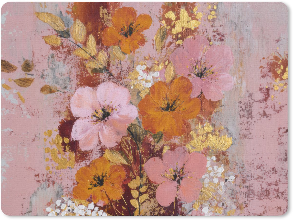 Muismat 23x19 cm - Mousepad Schilderij - Bloemen - Rustiek - Roze - Muismatten