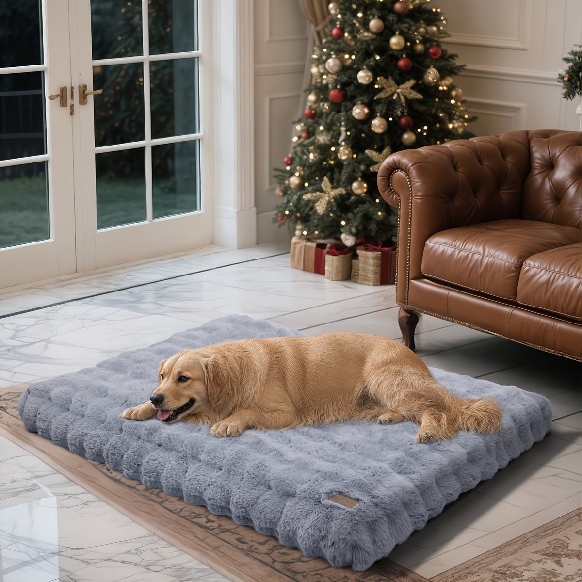 Groot hondenbed, luxe hondenbed, rechthoekig hondenbed, schuimrubberen hondenbed, pluche kussen, wasbaar hondenbed, afneembare hoes, beige.