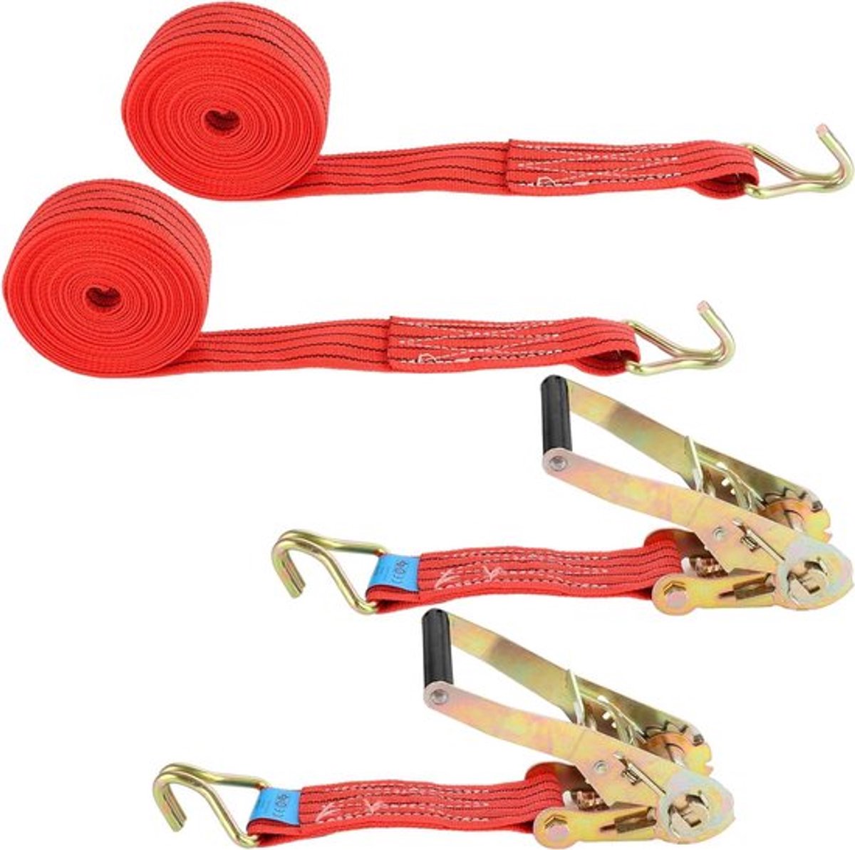 2 stuks spanbanden met ratel en haken, 6 meter, 50 mm breed, 2000 kg draagvermogen