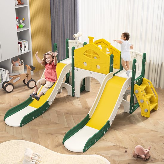 7-in-1 kinderglijbaan, kinderglijbaan met klimrek, binnen- en buitenglijbaan met telescoop, tunnel en klimladder, tuinglijbaan, kinderspeelplaats, met 2 glijbanen, multifunctionele glijbaan voor binnen en buiten, geelgroen