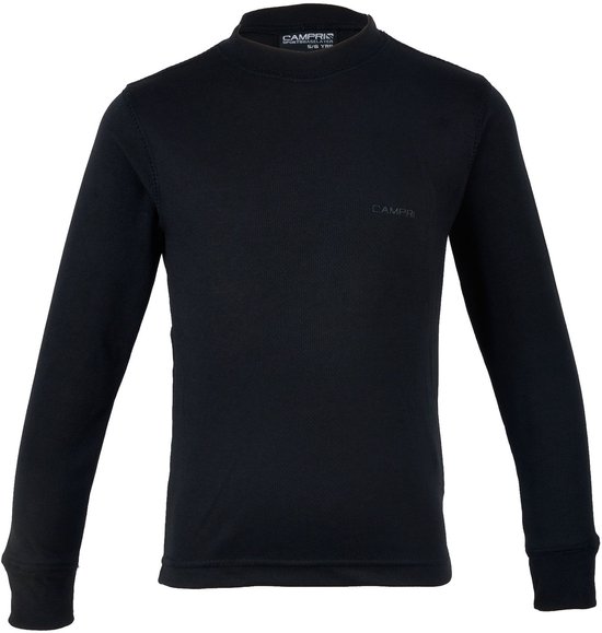 Zwart thermoshirt met lange mouwen en een ronde hals, met logo op de borst.