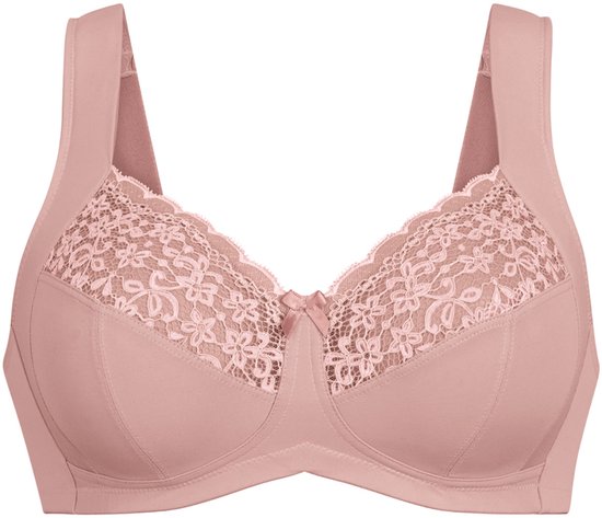 Roze bh met kanten overlays op de cups, brede bandjes en een strikje.
