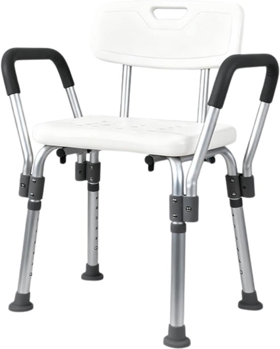 Livista Douchestoel - Verstelbare Hoogte 74-88cm - Geïntegreerde Douchekruk - Max. 150KG - Met Rugleuning en Armleuningen - Antislippoten - Wit