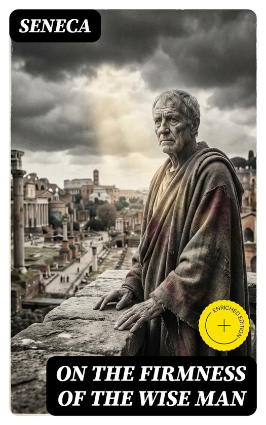 Boekomslag van "On the Firmness of the Wise Man" met een afbeelding van een oude man in toga op een stenen muur met Romeinse ruïnes op de achtergrond. "SENECA" en "ENRICHED EDITION" zijn zichtbaar.