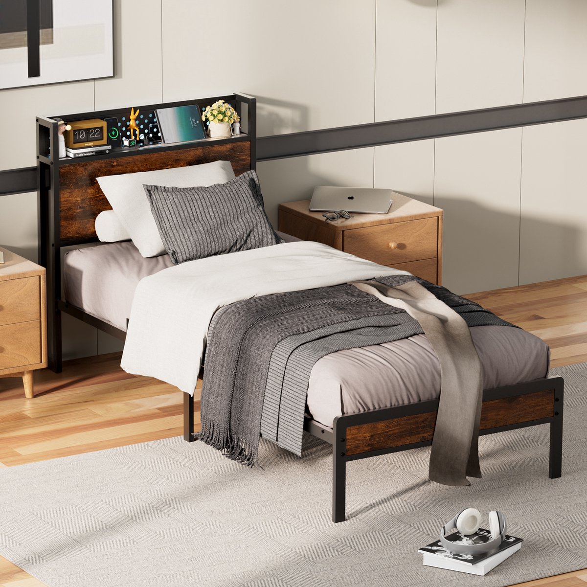 KUTAS Metalen Bedframe - Eenpersoonsbed 90x200 cm - Heavy Duty Metalen Bedframe - Met LED Verlichting - Stopcontacten - USB Poorten - Type C - Hoofdbord met Opbergruimte - Minimalistisch Bedframe - Stevig - Stil - Anti Slip Zwart