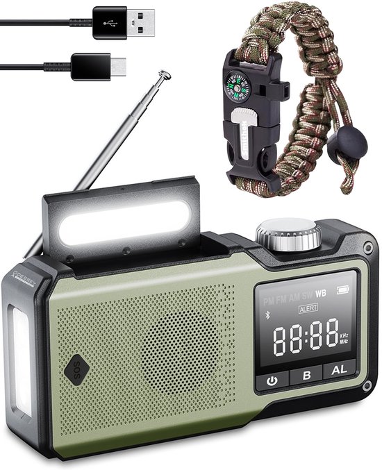 ODESSEY Noodradio Solar Opwindbaar - 10.000mAh Powerbank - met Bluetooth - Zaklamp - Draagbare Radio - Noodpakket