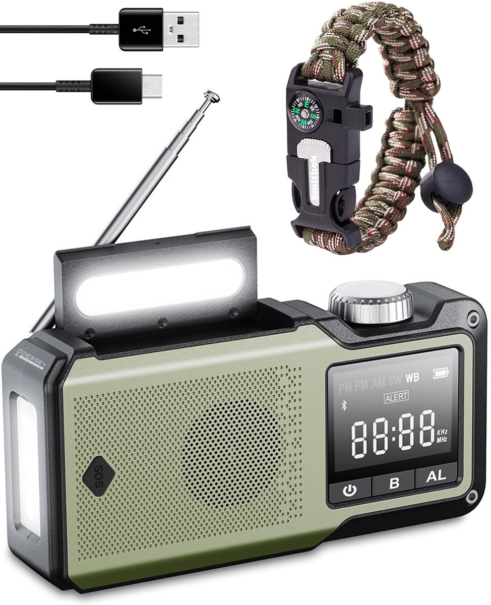 ODESSEY Noodradio Solar Opwindbaar - 10.000mAh Powerbank - met Bluetooth - Zaklamp - Draagbare Radio - Noodpakket