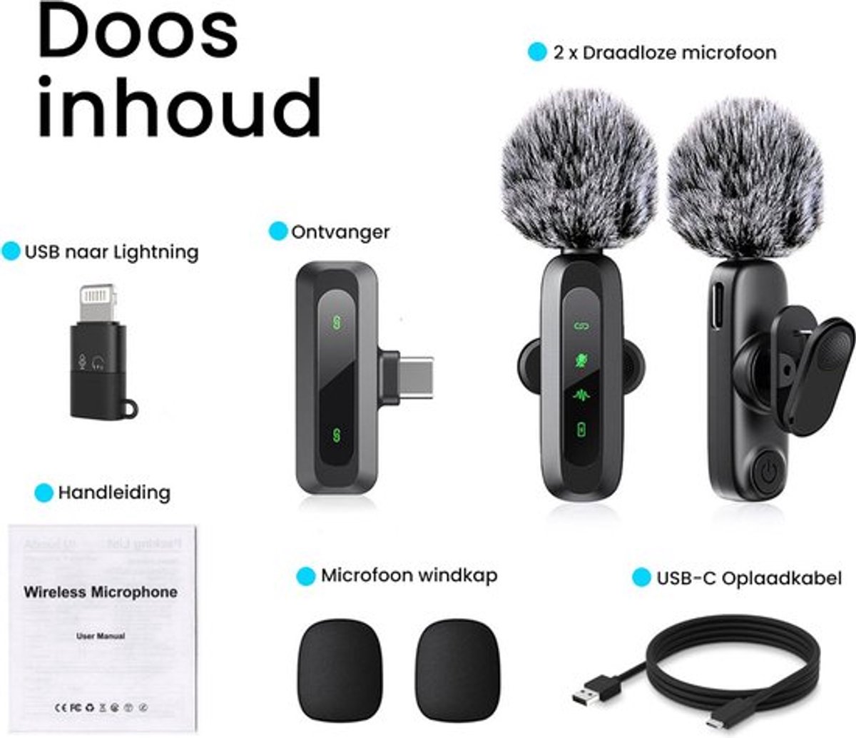 TRANSNECT - Draadloze Microfoon - 2 stuks - Microfoon Draadloos - Dasspeld Microfoon Draadloos - Microfoon Bluetooth - Lavalier Microfoon - USB-C & 8-pins ontvanger - Geschikt Voor Alle Telefoons — cadeau in Cadeau-ideeën - foto 6