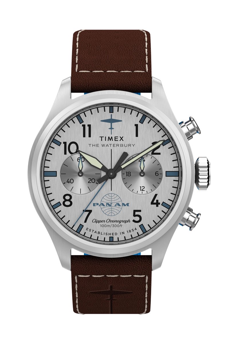 Timex Timex X Pan Am® Waterbury Ace Chronograph Quartz Analoog Horloge Bruin Kast: 100% Roestvrij Staal | Armband 100% Leer 41 mm TW2Y38700YH