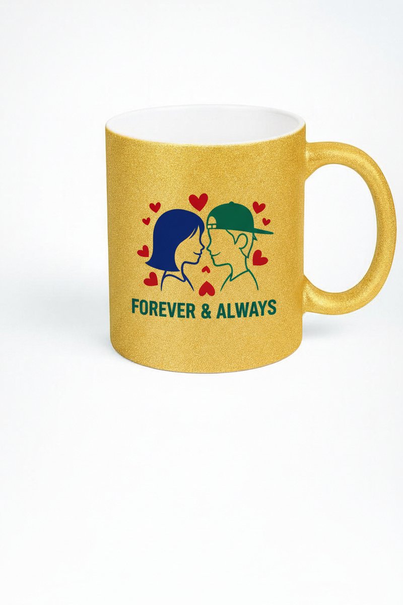 Gouden Glitter Mok 'Forever & Always' Liefdeskoppel - Romantisch Valentijn Cadeau