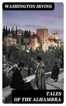 Boekomslag met 'WASHINGTON IRVING TALES OF THE ALHAMBRA'. Een schilderachtige zonsondergang bij het Alhambra met drie figuren.