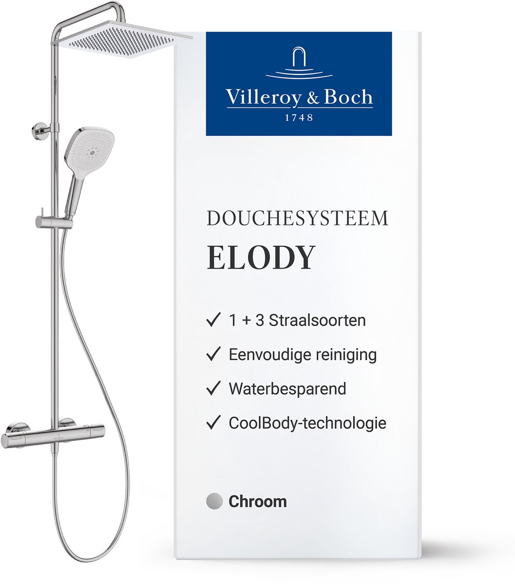 Villeroy & Boch Elody douchesysteem, waterbesparende complete set – Chroom