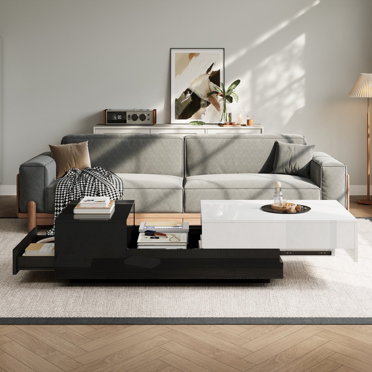 Salontafel - 100 x 50 x 38 cm - Hoogglans met Geometrisch Ontwerp en 1 Lade - Zwart/Wit Naaidetail - Hout