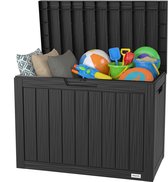 Zwarte open opbergbox vol met kussens en waterspeelgoed.
