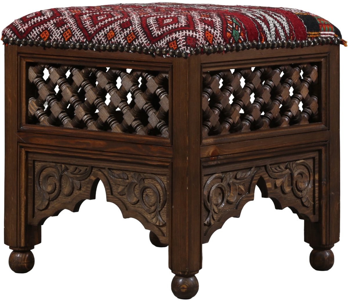 Houten kruk – Kilim bekleding – Handgemaakt – Bruin-rood – 42 × 42 × 45 cm