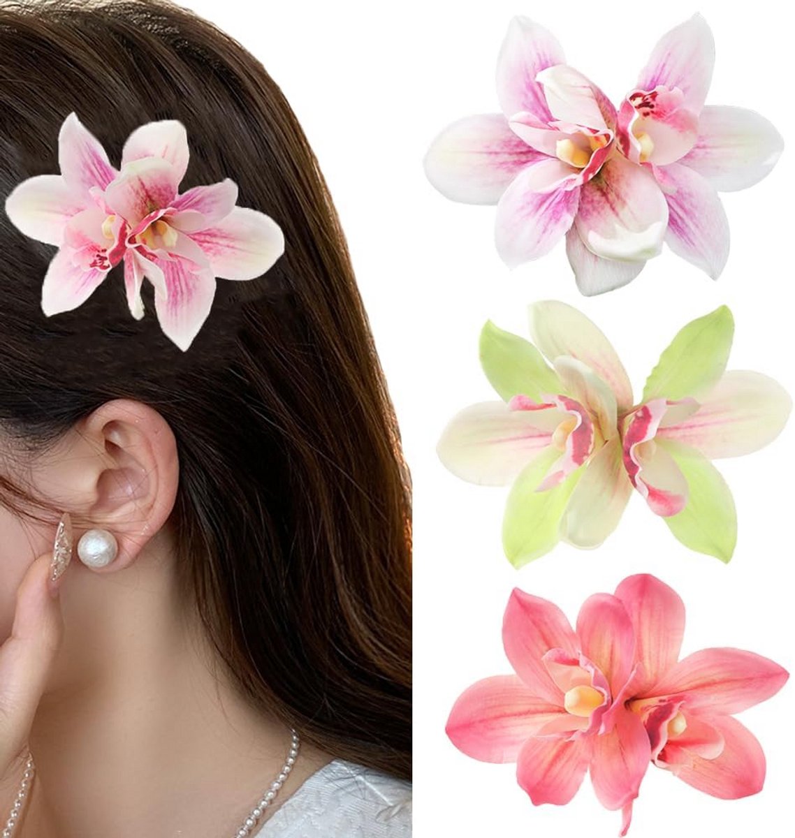 Set van 3 tropische Hawaiiaanse bloemen haarspelden voor dames en bruiloften