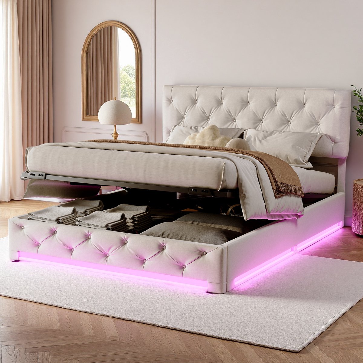 Beige Opbergbed 160x200 met Hydraulisch Lift en LED