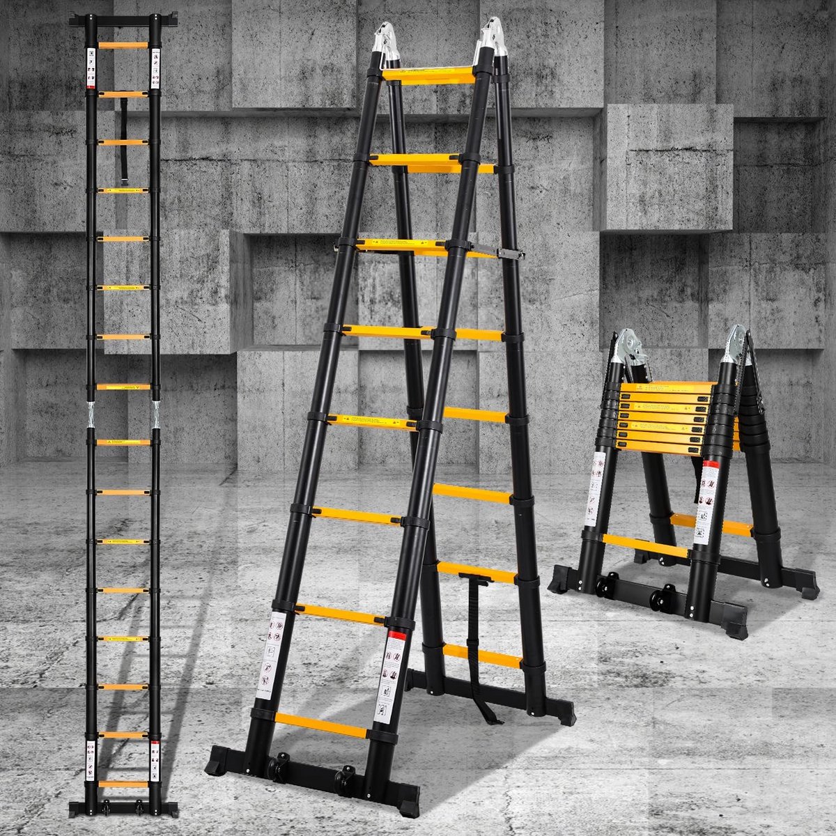 Telescopische Aluminium Ladder 5 meter - 8+8 Treden - Max 150 kg - Zwart/Geel
