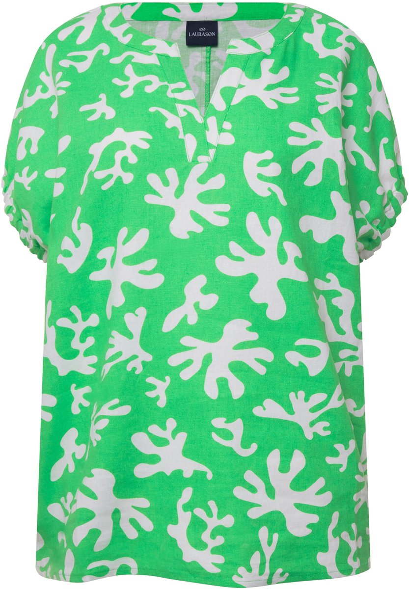 Laurasøn - Dames - Blouse van linnenmix koraalprint tuniekhalslijn halve mouwen - Mintgroen - Maat XXL