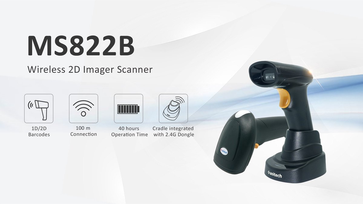 Unitech MS822B Wireless Barcode Scanner – Ultra-Fast 1D/2D QR Scanning, 100m Bluetooth Range, 40hr Battery, Plug & Play, Durable & Easy to Use for Retail, POS & Inventory Management